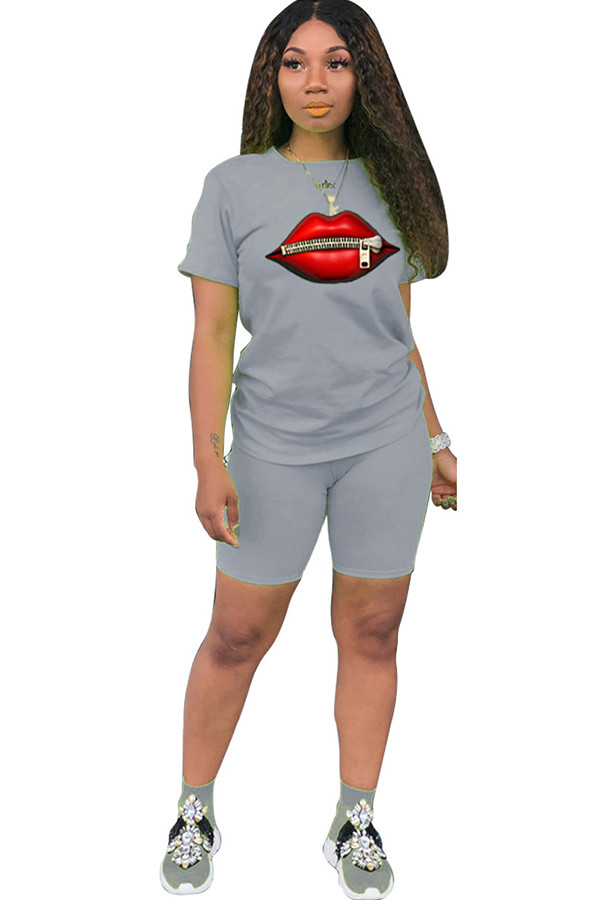 Grey Fashion Casual adult Ma'am Print Two Piece Suits Lips Print Straight Short Sleeve Two Pieces