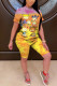 Yellow Fashion Casual adult Ma'am Print Character Two Piece Suits Straight Short Sleeve Two Pieces
