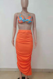 Tangerine Sexy Print Patchwork Frenulum Asymmetrical Halter Sleeveless Two Pieces