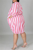 Black Fashion Casual Plus Size Striped Print Basic Turndown Collar Shirt Dress