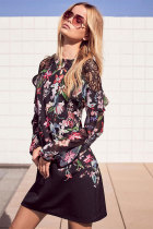 Black Fashion Long Sleeves O neck Straight Mini lace Patchwork Print 