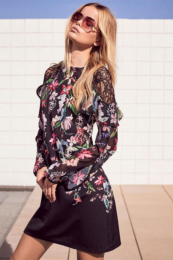 Black Fashion Long Sleeves O neck Straight Mini lace Patchwork Print 