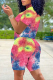 Fluorescent Green Casual Print Tie Dye Patchwork O Neck Short Sleeve Two Pieces