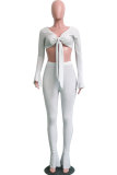 Red Elastic Fly Long Sleeve Mid Solid Boot Cut Pants Two-piece suit