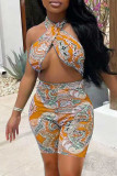 Red Fashion Sexy Print Hollowed Out Backless Halter Skinny Romper