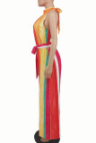 Red Elegant Striped Bandage Patchwork Half A Turtleneck Loose Jumpsuits