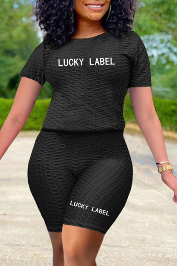 Black Fashion Casual Letter Embroidered O Neck Short Sleeve Two Pieces