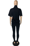 Grey Sportswear Color Block Patchwork Zipper Collar Short Sleeve Two Pieces