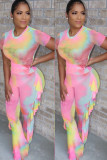 Light Blue Milk Silk Fashion adult Ma'am Street Patchwork Print Two Piece Suits Straight Short Sleeve Two Pieces