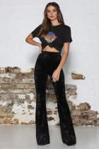 Black Elastic Fly Sleeveless High Solid Patchwork Loose Pants Pants