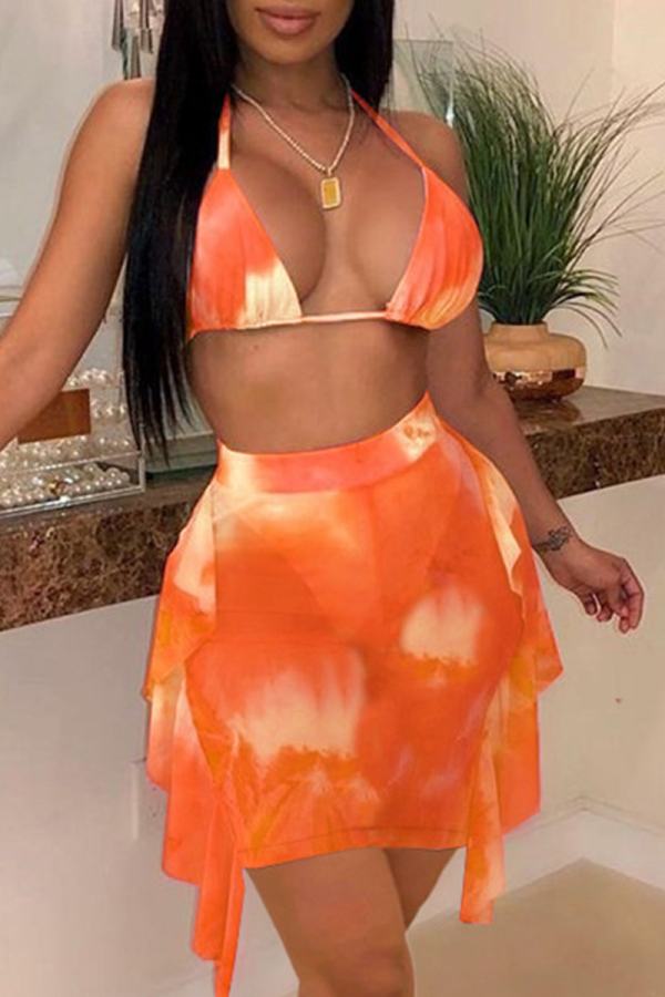 Orange Sexy Print Patchwork Swimwears