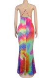 colour Fashion Sexy adult Ma'am colour Spaghetti Strap Sleeveless Slip Hip skirt Floor-Length Print backless Dresses