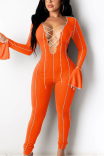 Orange Sexy Solid Bandage Patchwork O Neck Jumpsuits