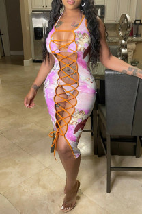 Pink Purple Fashion Sexy Print Hollowed Out Strap Design Swimwears Three-piece Set