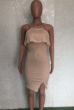 Beige Fashion Sexy Solid Backless Slit Spaghetti Strap Sleeveless Dress
