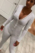 Dark Blue street Polka Dot Button Milk. Long Sleeve V Neck Jumpsuits