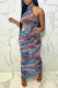 Coffee Fashion Sexy Print Backless Halter Sleeveless Dress Dresses