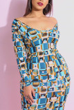 Light Blue Sexy England Off The Shoulder Long Sleeves One word collar Step Skirt Knee-Length Print Dresses
