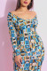 Light Blue Sexy England Off The Shoulder Long Sleeves One word collar Step Skirt Knee-Length Print Dresses