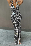 Red Fashion Sexy Print Backless Slit Halter Sleeveless Dress