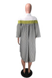 Black and white Fashion Casual Bubble sleeves Half Sleeves Mandarin Collar Asymmetrical Knee-Length fastener Patchwo