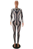Grey Elastic Fly Long Sleeve Mid Print Patchwork pencil Capris Jumpsuits & Rompers