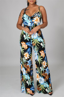 Colour Fashion Print Backless Spaghetti Strap Regular Jumpsuits