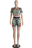 Red Sexy Fashion Patchwork Print Straight Short Sleeve Two-Piece Short Set