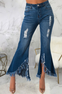 Dark Blue Fashion Sexy Tassel Ripped Slit Pants High Waist Boot Cut Denim