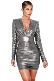 Silver adult Sexy Fashion Cap Sleeve Long Sleeves V Neck Step Skirt Mini Draped chain Fluorescent