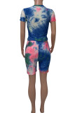 Fluorescent Green Casual Print Tie Dye Patchwork O Neck Short Sleeve Two Pieces