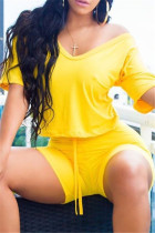 Yellow Fashion Casual Solid Basic V Neck Half Sleeve Two Pieces