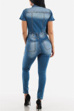 Dark Blue Fashion Casual Solid Zipper Turndown Collar Regular Jumpsuits