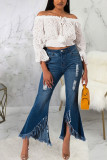 Dark Blue Fashion Sexy Tassel Ripped Slit Pants High Waist Boot Cut Denim