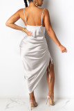Brownness Fashion Sexy Solid Draw String Spaghetti Strap Sling Dress