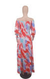 Red Sexy Print Patchwork Off the Shoulder Straight Dresses