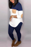 Tibetan Blue Fashion Casual Patchwork Patchwork O Neck Long Sleeve Two Pieces