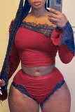 Blue Sexy Living Patchwork Lace Backless Off the Shoulder Long Sleeve Two Pieces