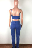Blue Sexy Embroidery Embroidered Make Old Patchwork Backless Spaghetti Strap Sleeveless Short Two Pieces