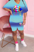 Blue Sexy Casual Print Gradient Lips Print Straight Short Sleeve Two Pieces