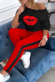 Red Fashion Casual Print Two Piece Suits Straight Half Sleeve Two Pieces