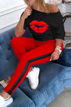 Red Fashion Casual Print Two Piece Suits Straight Half Sleeve Two Pieces