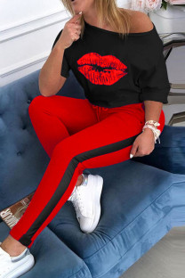 Red Fashion Casual Print Two Piece Suits Straight Half Sleeve Two Pieces