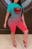 Blue Red Casual Gradual Change Lips Printed Patchwork O Neck Short Sleeve Two Pieces