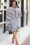 Red Fashion Long Sleeves Turndown Collar Asymmetrical Knee-Length ruffle hollow out Striped 