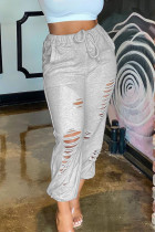 Light Gray Casual Solid Ripped Regular Bottoms