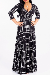 Black Sexy Print Patchwork V Neck Waist Skirt Dresses