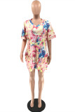Pink Fashion Casual Plus Size Print Basic V Neck Short Sleeve Dress