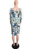 Light Blue Sexy England Off The Shoulder Long Sleeves One word collar Step Skirt Knee-Length Print Dresses
