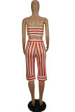 Orange Elastic Fly Mid Striped Loose Pants Two-piece suit